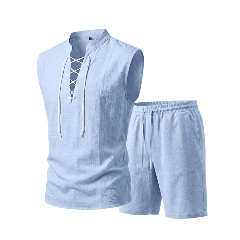 🧵 LIMITED-TIME 49% OFF! ✨ Men's Linen Sleeveless Set – Top & Shorts, Lace-Up, 7 Colors ☀️