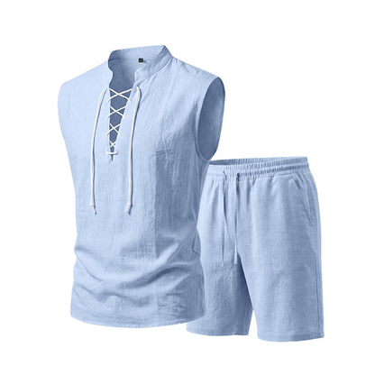 🧵 LIMITED-TIME 49% OFF! ✨ Men's Linen Sleeveless Set – Top & Shorts, Lace-Up, 7 Colors ☀️