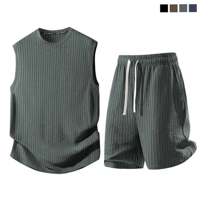 Men's 2-Piece Waffle Knit Sports Set | Sleeveless Tank Top & Drawstring Shorts