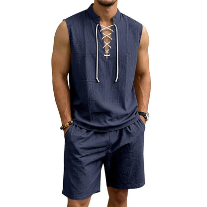 🧵 LIMITED-TIME 49% OFF! ✨ Men's Linen Sleeveless Set – Top & Shorts, Lace-Up, 7 Colors ☀️
