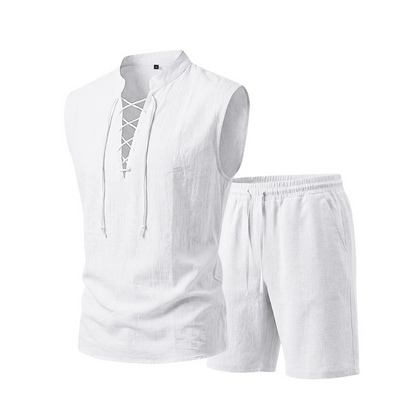 🧵 LIMITED-TIME 49% OFF! ✨ Men's Linen Sleeveless Set – Top & Shorts, Lace-Up, 7 Colors ☀️