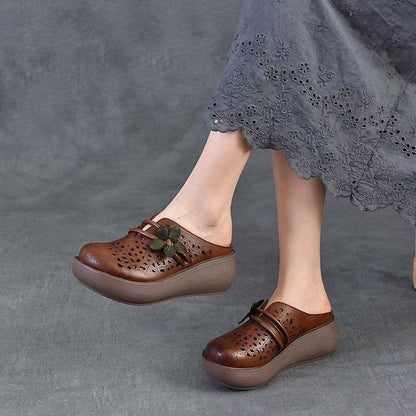 Women's Hollow Leather Wide Toe Box Wedge Sandals