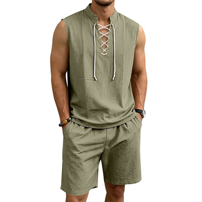 🧵 LIMITED-TIME 49% OFF! ✨ Men's Linen Sleeveless Set – Top & Shorts, Lace-Up, 7 Colors ☀️