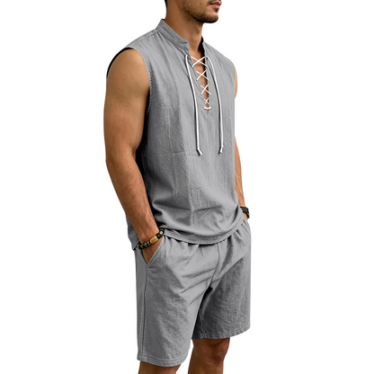 🧵 LIMITED-TIME 49% OFF! ✨ Men's Linen Sleeveless Set – Top & Shorts, Lace-Up, 7 Colors ☀️