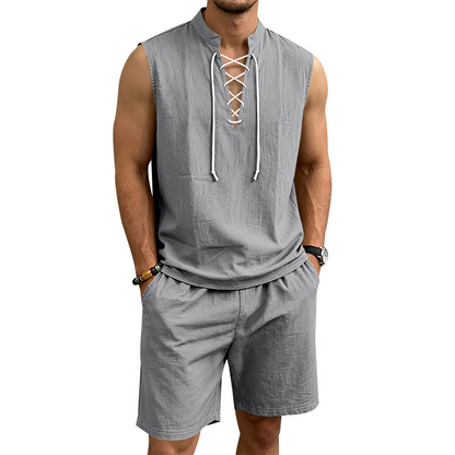 🧵 LIMITED-TIME 49% OFF! ✨ Men's Linen Sleeveless Set – Top & Shorts, Lace-Up, 7 Colors ☀️