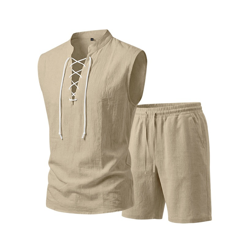 🧵 LIMITED-TIME 49% OFF! ✨ Men's Linen Sleeveless Set – Top & Shorts, Lace-Up, 7 Colors ☀️