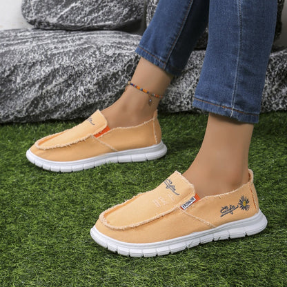 Women's Distressed Canvas Slip-On Loafers - Skateboard Embroidered Casual Shoes