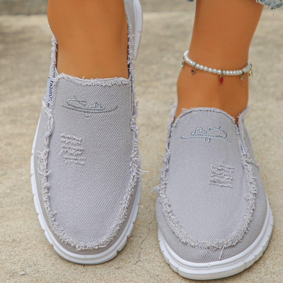 Women's Distressed Canvas Slip-On Loafers - Skateboard Embroidered Casual Shoes