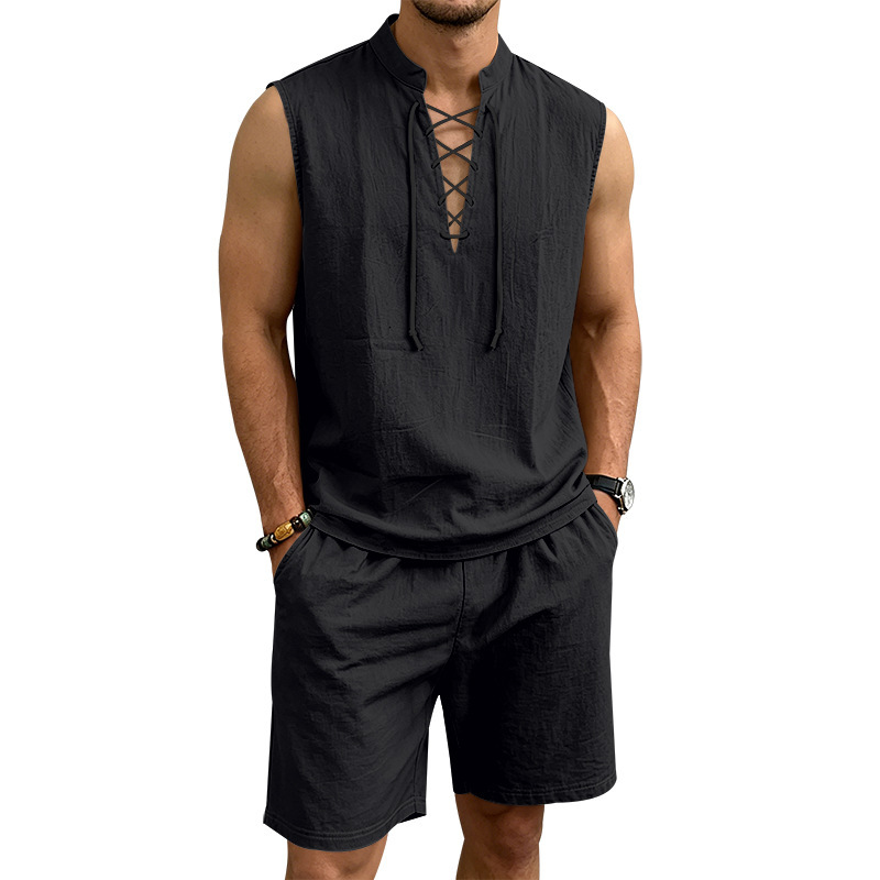 🧵 LIMITED-TIME 49% OFF! ✨ Men's Linen Sleeveless Set – Top & Shorts, Lace-Up, 7 Colors ☀️