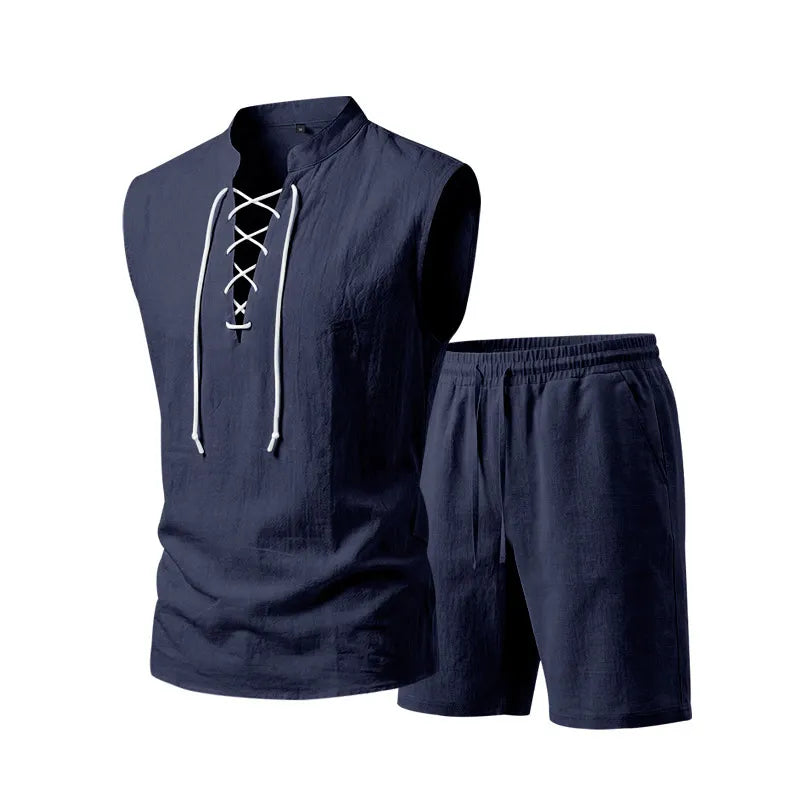 🧵 LIMITED-TIME 49% OFF! ✨ Men's Linen Sleeveless Set – Top & Shorts, Lace-Up, 7 Colors ☀️