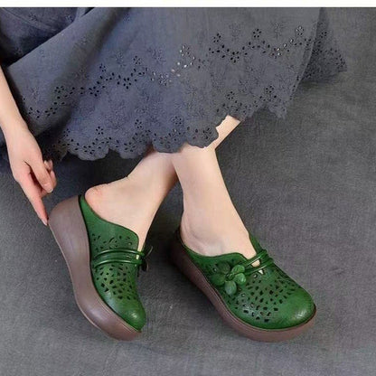 Women's Hollow Leather Wide Toe Box Wedge Sandals