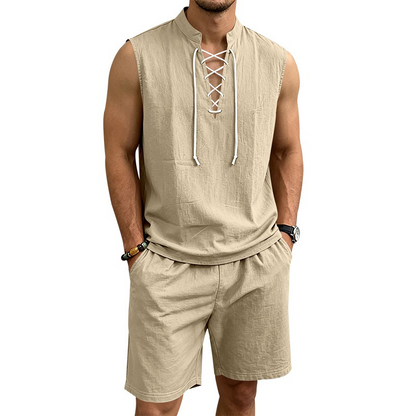 🧵 LIMITED-TIME 49% OFF! ✨ Men's Linen Sleeveless Set – Top & Shorts, Lace-Up, 7 Colors ☀️
