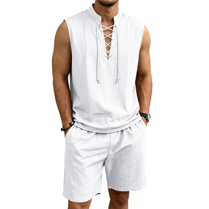 🧵 LIMITED-TIME 49% OFF! ✨ Men's Linen Sleeveless Set – Top & Shorts, Lace-Up, 7 Colors ☀️