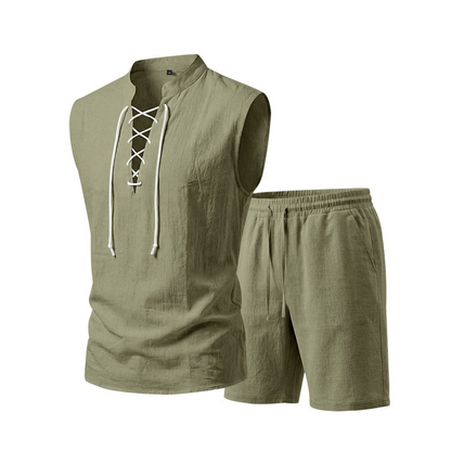 🧵 LIMITED-TIME 49% OFF! ✨ Men's Linen Sleeveless Set – Top & Shorts, Lace-Up, 7 Colors ☀️