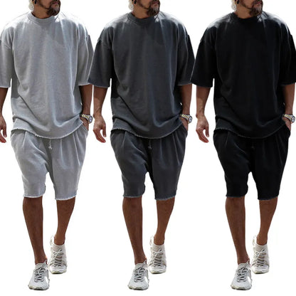 Men's Casual Solid Color Two-Piece Shorts Set