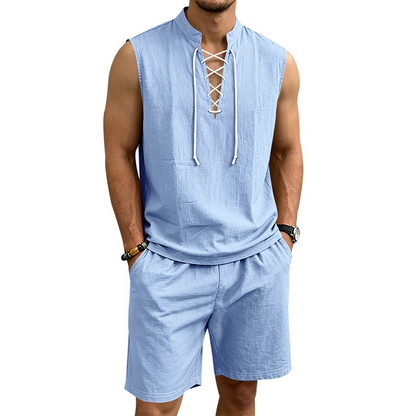 🧵 LIMITED-TIME 49% OFF! ✨ Men's Linen Sleeveless Set – Top & Shorts, Lace-Up, 7 Colors ☀️