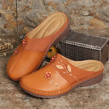 Women’s Floral Leather-Look Wedge Mule Sandals